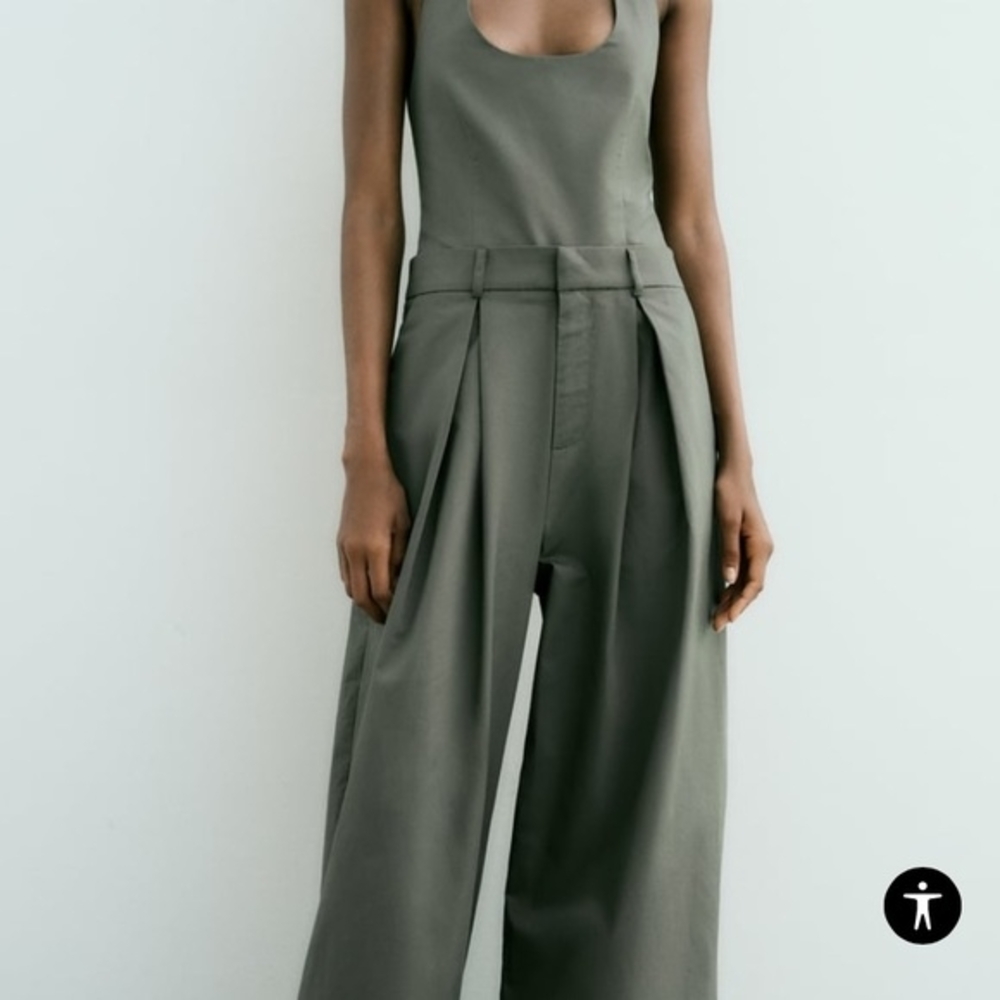 Zara Blogger Khaki Utility-Chic Halter Paper Bag Wide-Leg Cotton Gabardine XXL - Picture 5 of 15